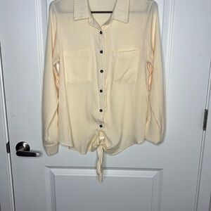 Woman Cream Button-Up Blouse with Tie Front